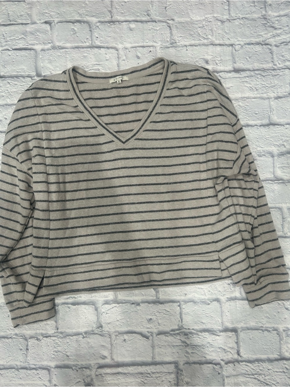 Z Supply Beige and Black Striped V‑Neck Long Sleeve Tee